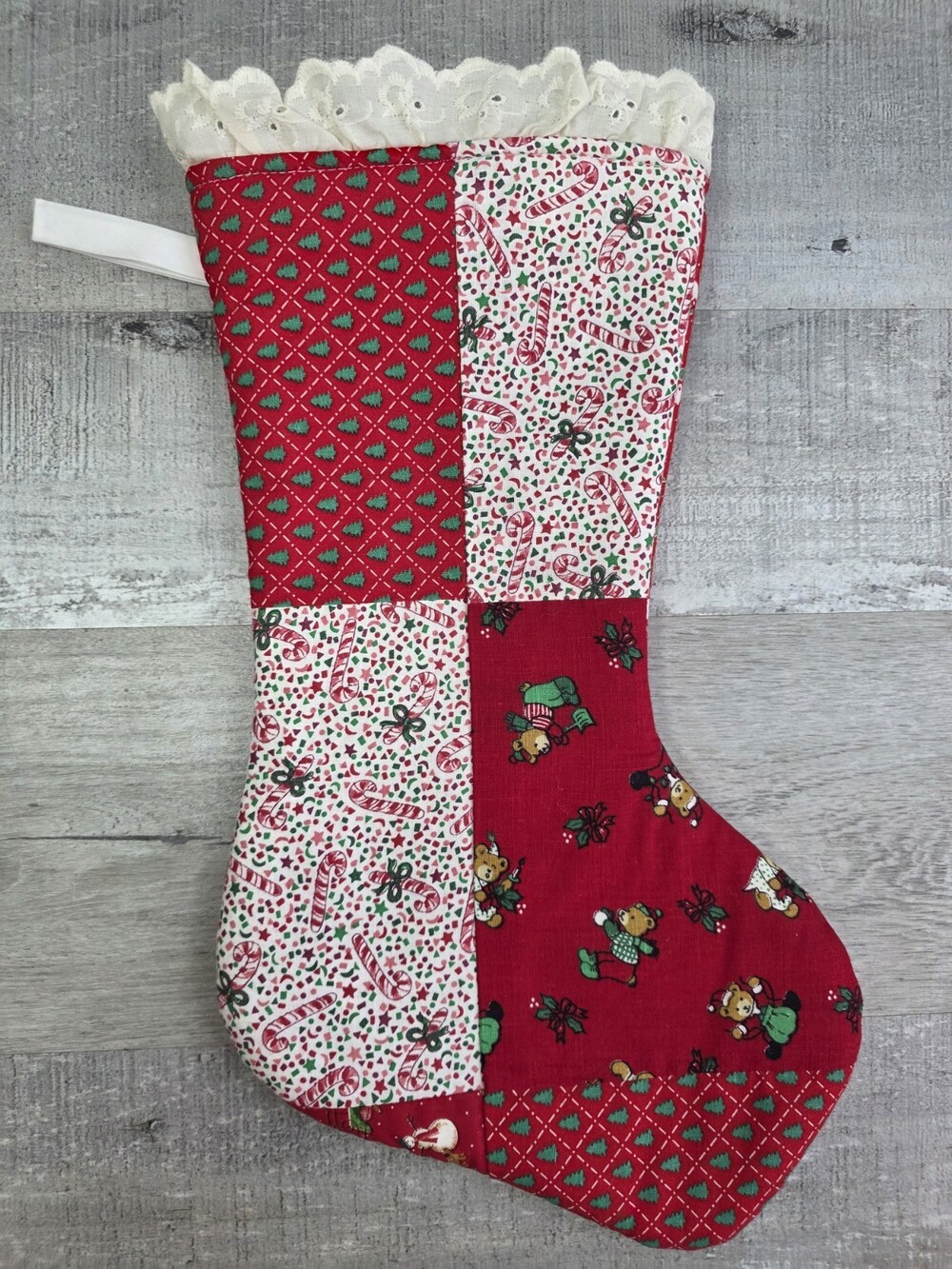 Handmade Christmas Stocking Red White Patchwork Quilt Farmhouse Shabby 14” 55b